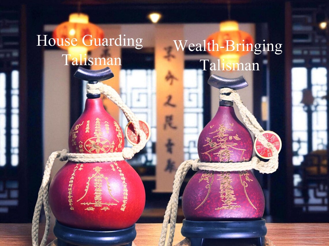Handcrafted Consecrated Natural Gourd Talisman Set-Taoist Exorcism Symbols Hand-Carved Protection Amulets for Home Blessing&Evil Spirit Ward