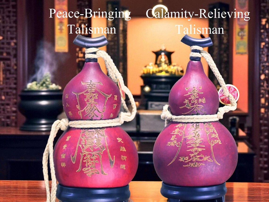 Handcrafted Consecrated Natural Gourd Talisman Set-Taoist Exorcism Symbols Hand-Carved Protection Amulets for Home Blessing&Evil Spirit Ward